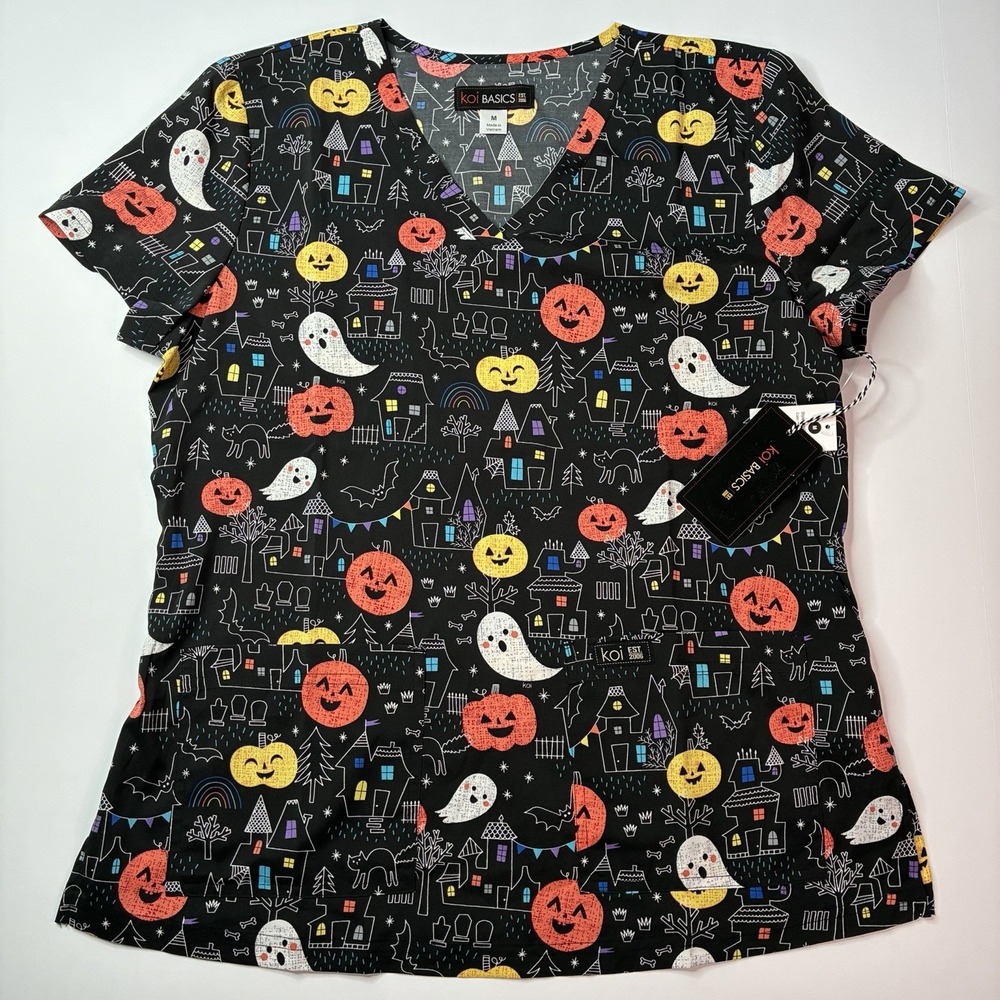 Koi Basics Scrubs Scrub Top Cartoon Halloween Pumpkins and Ghosts Size Medium M